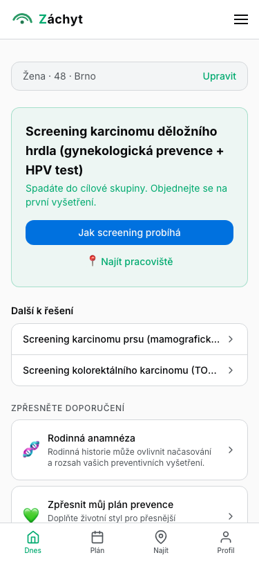 Ukázka personalizovaného přehledu v aplikaci Záchyt